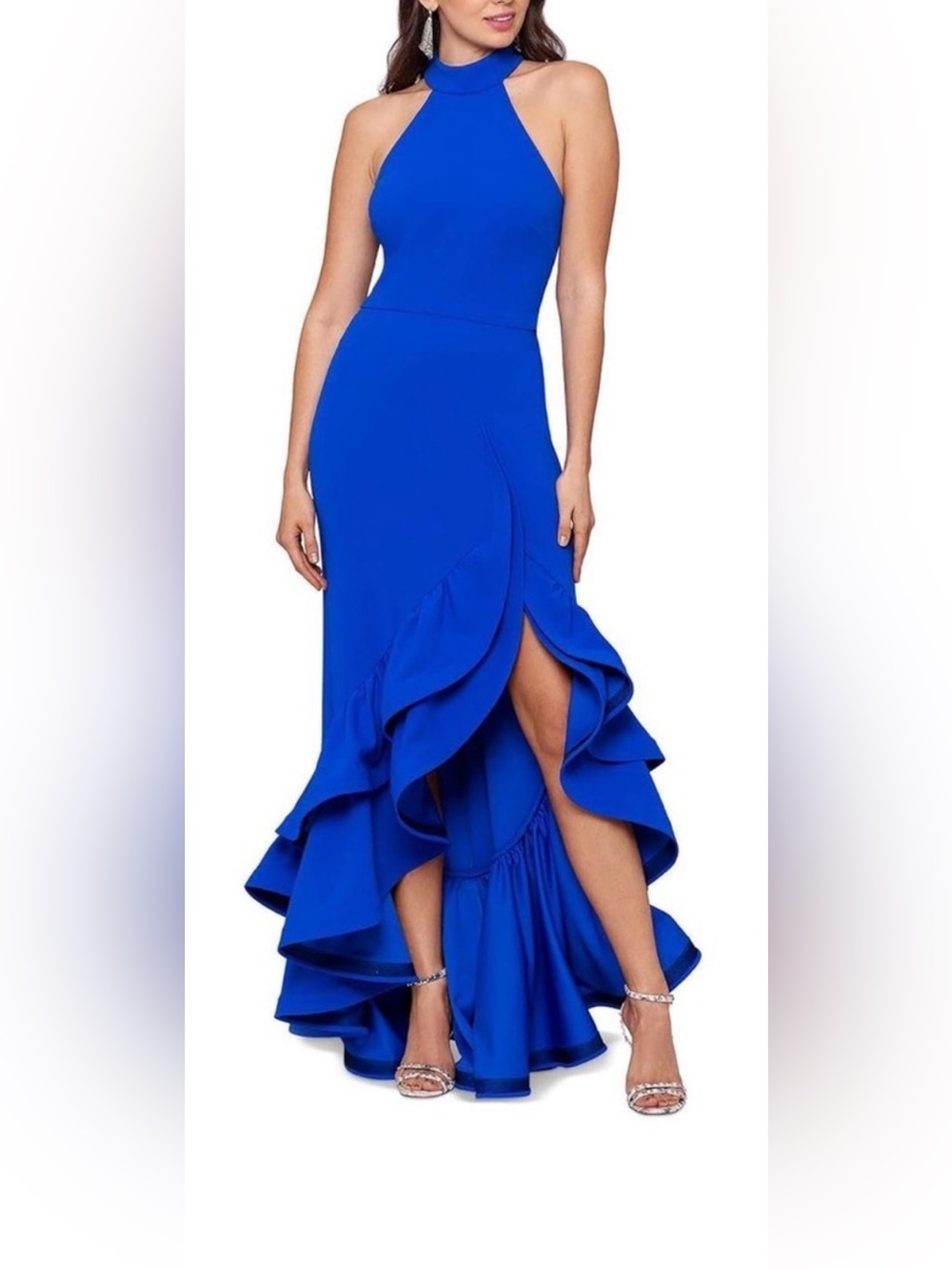 Betsy & Adam Royal Blue Halter Ruffle Asymmetrical Gown| Size 0